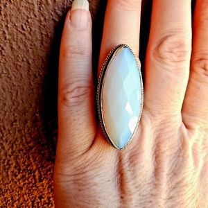 New Huge Faceted Milky Opal 925 Silver Statement Ring.